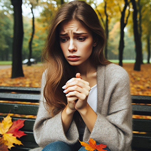 Mulher adulta com ansiedade, mordendo o dedo, expressão preocupada, sentada em um banco de praça com borboletas ao redor.