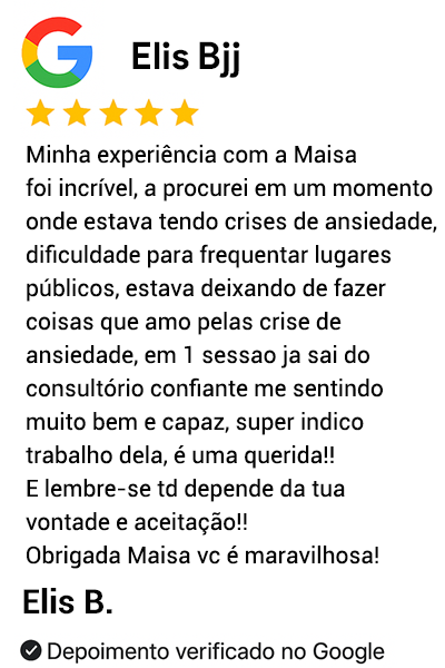 Depoimento sobre hipnoterapia com a Dra. Maísa Nacli: paciente relata ter superado crises de ansiedade e voltado a frequentar lugares públicos após apenas uma sessão, recuperando a autoconfiança e o bem-estar.