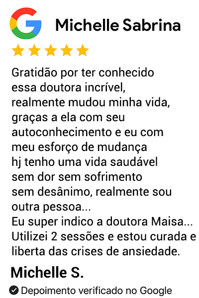 Depoimento real sobre hipnoterapia com a Dra. Maísa Nacli: paciente relata ter se curado das crises de ansiedade em apenas duas sessões, descrevendo uma transformação completa de vida com mais saúde, equilíbrio e felicidade.