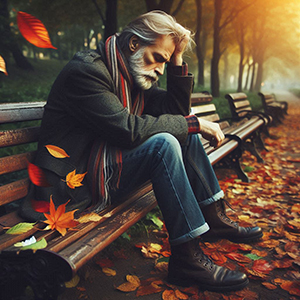 Homem adulto sentado em uma praça, com a mão na cabeça e expressão de tristeza.