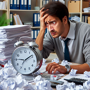 Homem adulto sofrendo com procrastinação, cercado de tarefas inacabadas e relógio pressionando o tempo.